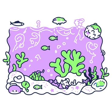 A vector map is created, showcasing an underwater world teeming with life. The map prominently features an expansive coral reef system, intricately detailed with various shapes and textures. Swirling patterns represent the movement of water currents, while different areas are marked to indicate diverse marine habitats. Icons of marine life such as fish, sea turtles, and starfish are scattered across the map, each symbolizing specific locations. Additionally, areas of sandy seabed and rocky formations are depicted, offering a complete view of this vibrant underwater environment.