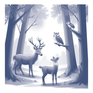 A dense forest teeming with life. Towering trees stretch skyward, their trunks thick and textured. In the foreground, a graceful deer stands alert, its ears perked and eyes wide, observing its surroundings. Nearby, an owl perches on a low branch, its round face and striking eyes fixed intently on the scene below. A squirrel scurries up a tree trunk, its bushy tail held high, searching for acorns among the leaves. Sunlight filters through the canopy above, creating dappled patterns on the forest floor, where patches of grass and fallen leaves are visible.