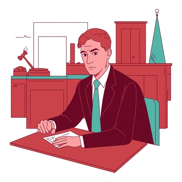 A red defendant is sitting quietly at a wooden table in the courtroom, wearing a dark navy suit. The defendant has a serious expression, with furrowed brows and a focused gaze looking ahead. Behind the defendant, there is a tall white judge's bench with a gavel resting on it. In the background, various courtroom elements, such as a teal flag and wooden paneling, add to the formal atmosphere. The lighting is subdued, highlighting the defendant's solemn demeanor.