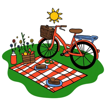 A vintage bike with a shiny red frame and a wicker basket is parked next to a picnic setup. The picnic blanket features a classic red and white checkered pattern, spread out on the lush green grass of a sunny meadow. Surrounding the blanket are various picnic items, including a basket filled with fruits, a couple of sandwiches on plates, and a thermos. In the background, wildflowers dot the meadow, and the sun casts a warm glow over the scene, enhancing the cheerful atmosphere.