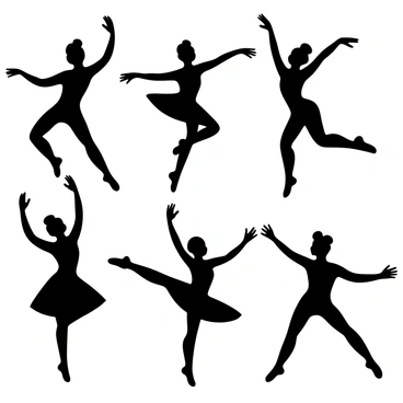 A series of black silhouettes of dancers in dynamic poses, showcasing various styles of dance. Each dancer is depicted in mid-motion, with arms and legs extended, expressing a sense of fluidity and energy. The dancers vary in height and body shape, creating visual diversity. The background is minimal, allowing the focus to remain on the dancers. The lineart is clean and bold, emphasizing the elegance and grace of each dancer's movement.