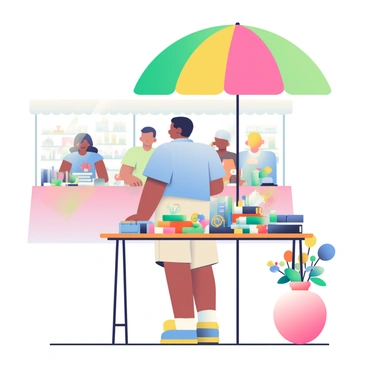 An outdoor flea market vendor is standing beside a colorful umbrella providing shade. The vendor has short black hair and is wearing a light blue shirt with rolled-up sleeves and beige shorts. In front of the vendor, there is a wooden table filled with an array of unique secondhand goods. On the table, there are vintage jewelry pieces, a collection of old books, and several retro toys. To the right, a large ceramic vase is displaying vibrant flowers. Behind the vendor, there are other market stalls with various items, and people browsing through the goods, enjoying the sunny day.