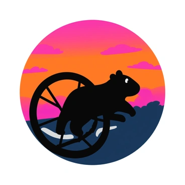 A black silhouette of a hamster running energetically in its wheel. The wheel is detailed with spokes and a circular frame. The background features a vibrant sunset, showcasing a gradient of oranges, pinks, and purples in the sky. Silhouetted clouds scatter across the horizon, adding depth to the scene. The hamster is depicted in a dynamic pose, emphasizing its motion and determination within the wheel.