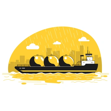 A tank barge with a large, flat deck is slowly moving through a rainstorm. The barge is surrounded by rippling water, which reflects the dark sky above. Raindrops are visible, creating small splashes as they hit the surface of the water. The barge has several large tanks on its deck, glistening as the rain falls. In the background, distant silhouettes of trees or buildings are partially obscured by the rain. The scene conveys a sense of calmness amidst the rainfall.