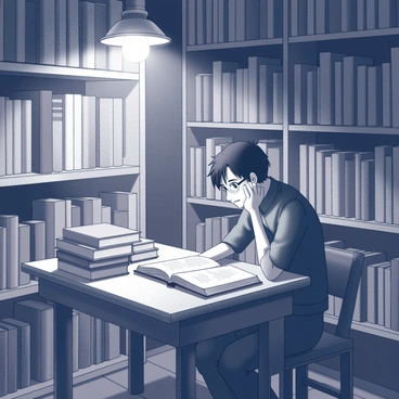 Ayanokoji is sitting at a wooden table in a dimly lit library. He has thick books stacked around him, and he is focused on reading one open book in front of him. The room is filled with tall shelves lined with old books, casting long shadows. A single light bulb hangs overhead, providing a soft glow that illuminates his concentrated expression. Dust particles can be seen floating in the air, highlighting the stillness of the environment. The atmosphere is quiet, with only the sound of pages turning and the faint creaking of the wooden floor.
