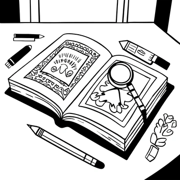 An open book lying on a wooden table, showcasing pages filled with intricate illustrations. The book displays elaborate designs, including ornate borders and detailed patterns. Surrounding the book are various art supplies, such as a set of pencils, fine ink pens, and a ruler. A vintage magnifying glass rests beside the book, emphasizing the intricacies of the illustrations. In the background, there is a soft light filtering through a window, casting gentle shadows on the table.
