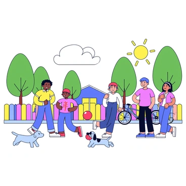 A friendly neighborhood scene featuring several people standing and chatting with warm smiles. Two children are playing with a bright red ball in the foreground. Nearby, a small dog with a wagging tail roams freely. There are green trees lining the street, and a few bicycles are parked next to a colorful wooden fence. The sun is shining down, creating a cheerful atmosphere in the neighborhood.