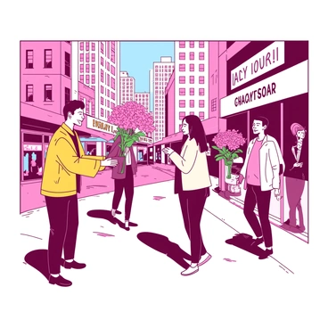 A person wearing a bright yellow jacket is standing on a busy city street, handing out vibrant pink flowers to passing strangers. The flowers are in full bloom, with green leaves and long stems. Several pedestrians are stopping to accept the flowers, their faces lighting up with smiles and expressions of surprise. In the background, tall city buildings and bustling shops can be seen, creating an atmosphere of activity and joy. The scene captures a moment of connection and kindness amidst the urban environment.