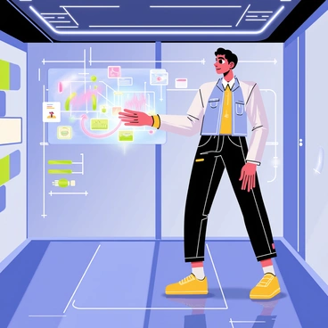 A person standing in a sleek, futuristic room with metallic walls and glowing blue accents. The individual is reaching out to touch a vibrant 3D holographic display that floats in front of them, showcasing colorful graphs and rotating models. The display emits a soft light, casting reflections on the person's focused face. Various high-tech gadgets and screens are visible in the background, enhancing the advanced setting. The person is dressed in a modern outfit, emphasizing the cutting-edge atmosphere.