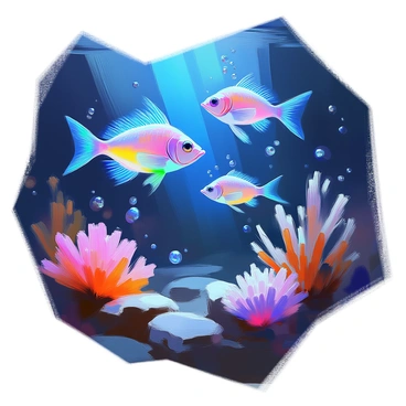 A magical underwater scene depicting several bioluminescent lampfish swimming gracefully in the dark depths of the ocean. The fish are illuminated with a soft blue and green glow, creating a stunning contrast against the deep, dark water. Surrounding the lampfish are various coral formations, softly lit by their glow, adding to the enchanting atmosphere. Bubbles rise gently from the fish as they move, and faint silhouettes of underwater plants sway in the current nearby. The overall composition captures the mystical beauty of ocean life in the quiet darkness.