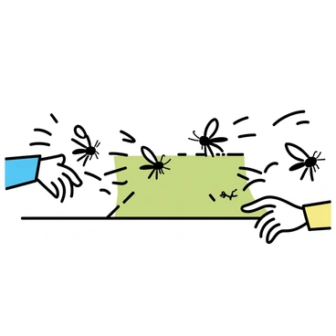 A tiny battlefield scene depicting a close-up view of several mosquitoes in a dynamic posture, with detailed wings and distinct body shapes. Opposing them are two human hands, positioned prominently in the foreground, swatting at the mosquitoes. The hands are shown with realistic skin texture and fingernails, capturing the motion of swatting. The background features a blurred lawn or tabletop surface to emphasize the intensity of the battle between the mosquitoes and the human hands.