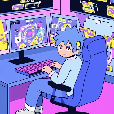 An anime character with spiky blue hair wearing a futuristic headset sits in the center of a high-tech gaming room. The room is filled with vibrant LED lights illuminating the space. Surrounding the character are multiple screens displaying various game interfaces, with colorful graphics and dynamic animations. The character has an intense focus and determination on their face as they engage with the games. There is a sleek gaming chair beneath them, and a keyboard and mouse are positioned in front, emphasizing the immersive gaming experience.