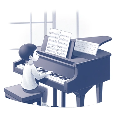 A child is sitting on a piano bench with a straight spine. The child has a concentrated expression while looking at the sheet music placed on a music stand in front of them. Their fingers are poised above the piano keys, ready to play. The piano is a grand model with polished black surfaces and a row of white keys. The room has a soft ambiance, with light filtering through a nearby window, casting gentle shadows. A music book rests open on the piano, filled with notes and symbols.