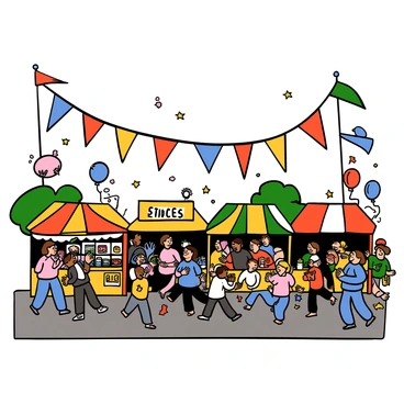 A series of colorful flag banners fluttering above a bustling street festival. The flags are bright red, blue, yellow, and green, creating a vibrant contrast against a clear sky. Below, a crowd of diverse people is enjoying the festivities, with some talking and others laughing. Stalls with colorful awnings line the street, displaying various goods and food items. Balloons and decorations add to the festive atmosphere, while children run around, playing games and enjoying the lively scene.
