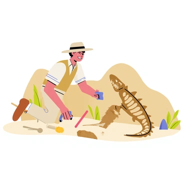A paleontologist wearing a beige wide-brimmed hat and a khaki vest is kneeling on the ground at an excavation site. The paleontologist has a look of excitement on their face as they carefully brush away dirt from a perfectly preserved dinosaur fossil. The fossil, a large and intricate skeleton, is partially embedded in the rocky ground, showcasing detailed bones and features. Surrounding the paleontologist are various tools like a small pick, brushes, and a trowel, all scattered on the earth. In the background, there are rocky formations and a few sparse plants, indicating a rugged landscape.