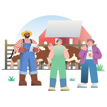 A farmer with sun-kissed skin and a wide-brimmed straw hat is standing next to a livestock pen filled with several brown and white cattle. He is wearing a plaid shirt, blue jeans, and sturdy brown boots, holding a clipboard in one hand and a pen in the other. In front of him, a group of four bidders, each dressed in casual outdoor clothing, are observing the cattle. One bidder is raising a hand to place a bid, while another is jotting down notes on a small notepad. The surrounding area features a barn in the background, with wooden fencing and a clear blue sky overhead, and tufts of green grass dotting the landscape.