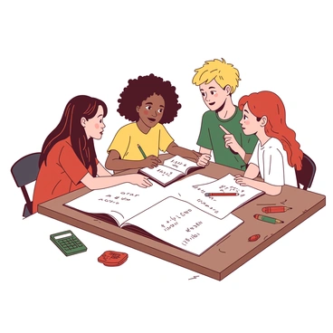 A group of five students is gathered around a wooden table, focused on solving math problems together. Two of the students, a girl with long brown hair and a boy with glasses, are writing notes on a large piece of white paper spread across the table. Another girl with curly black hair is pointing at a math problem in a textbook, while a boy with short blonde hair listens intently, nodding in agreement. The fifth student, a girl with red hair, is holding a pencil and looking thoughtfully at the paper. Various math tools, such as calculators, pencils, and erasers, are scattered around the table. The atmosphere is collaborative and energetic as they share ideas and strategies.