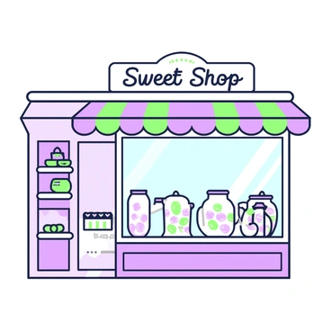 A traditional sweet shop is shown with a wide glass window displaying an array of colorful jars filled with various candies. Each jar has a distinct shape and size, and the candies inside are arranged in an appealing manner. The shop has a green and purple striped awning that extends over the entrance, providing shade and a decorative touch. To the left of the window, there are shelves displaying additional sweets and treats. A wooden sign hangs above the entrance, featuring the shop's name in elegant lettering.