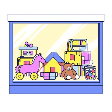 A toy store window display with a large glass front. Inside the display, there are colorful wooden toys, including a classic pull-along horse with a red string. Various board games are stacked neatly, featuring vibrant boxes with iconic designs. In one corner, there is a vintage teddy bear with a stitched nose sitting beside a small dollhouse painted in pastel colors. A collection of marbles in a glass jar adds a playful touch to the scene. The background features soft, warm lighting that highlights the nostalgic elements, inviting passersby to reminisce about childhood.