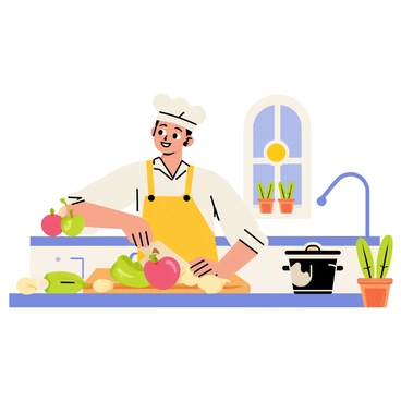 A cartoon-style illustration of a chef in a bright kitchen. The chef has a white hat and a colorful apron, smiling as they chop vegetables on a wooden cutting board. The counter is filled with fresh ingredients, including green bell peppers, red tomatoes, and yellow onions. A pot is simmering on the stove, and a window shows a sunny day outside. Herbs in small pots are placed near the sink, adding to the vibrant atmosphere of the kitchen.