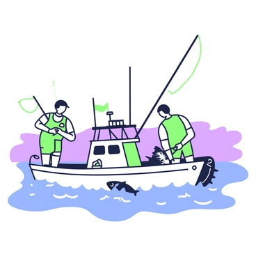 A fishing boat is floating on the ocean, surrounded by gently rippling water. The boat is equipped with fishing gear and nets. Two fishermen are actively engaged in catching tuna. One fisherman is standing at the side of the boat, holding a fishing rod with a bent line, while the other is preparing to pull in a tuna from the water. The tuna is splashing as it breaks the surface, creating small waves around the boat. In the background, the horizon stretches under a clear sky.