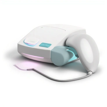 A close-up view of advanced laser hair removal equipment, showcasing its sleek design. The equipment features a polished metallic casing with smooth curves and a futuristic aesthetic. The control panel displays bright, modern touch buttons and a digital screen showing settings. The laser handpiece is elegantly shaped, with a slender profile and ergonomic grip, ready for use. Soft, ambient lighting enhances the overall look, reflecting off the smooth surfaces of the device.