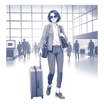 A girl stands in an airport terminal, wearing a stylish travel outfit that includes a fitted jacket and tailored pants. She has a trendy handbag slung over one shoulder and is pulling a modern suitcase behind her. Her hair is neatly styled, and she wears fashionable sunglasses perched on her head. The terminal features high ceilings, large windows allowing natural light to flood in, and an array of travelers moving in the background. The girl looks poised and ready for her journey, exuding an air of confidence.