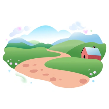 Footprints are visible on a dirt road that winds through a picturesque countryside. The road is flanked by lush green fields that stretch into the distance. A rustic barn can be seen beside the road, painted in a faded red color. In the background, rolling hills rise gently, dotted with wildflowers in various pastel shades. The sky above is clear, enhancing the vibrant colors of the landscape.