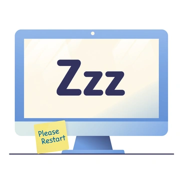 A computer screen is displaying "Zzz" in large, bold font at the center. Below the screen, there is a bright yellow sticky note attached to the edge of the monitor. The note has handwritten text that says "Please Restart" in blue ink. The background is a clean, simple desk surface, and there are subtle reflections on the screen showing a hint of a window and some ambient light.