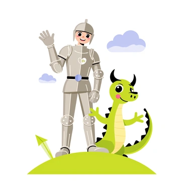 A young knight wearing shiny silver armor stands proudly atop a grassy hill. The armor reflects the sunlight with intricate details and a bright sheen. The knight has a confident smile and is waving cheerfully. Beside him is a friendly dragon with emerald green scales and large, sparkling eyes. The dragon's wings are slightly spread, and it has a playful expression. The sky above is clear blue with a few fluffy white clouds, adding to the joyful atmosphere of the scene.