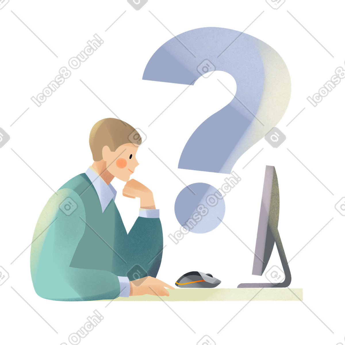 Young man thinking about work issues question animated illustration in Shine style download in GIF, Lottie (JSON), AE
