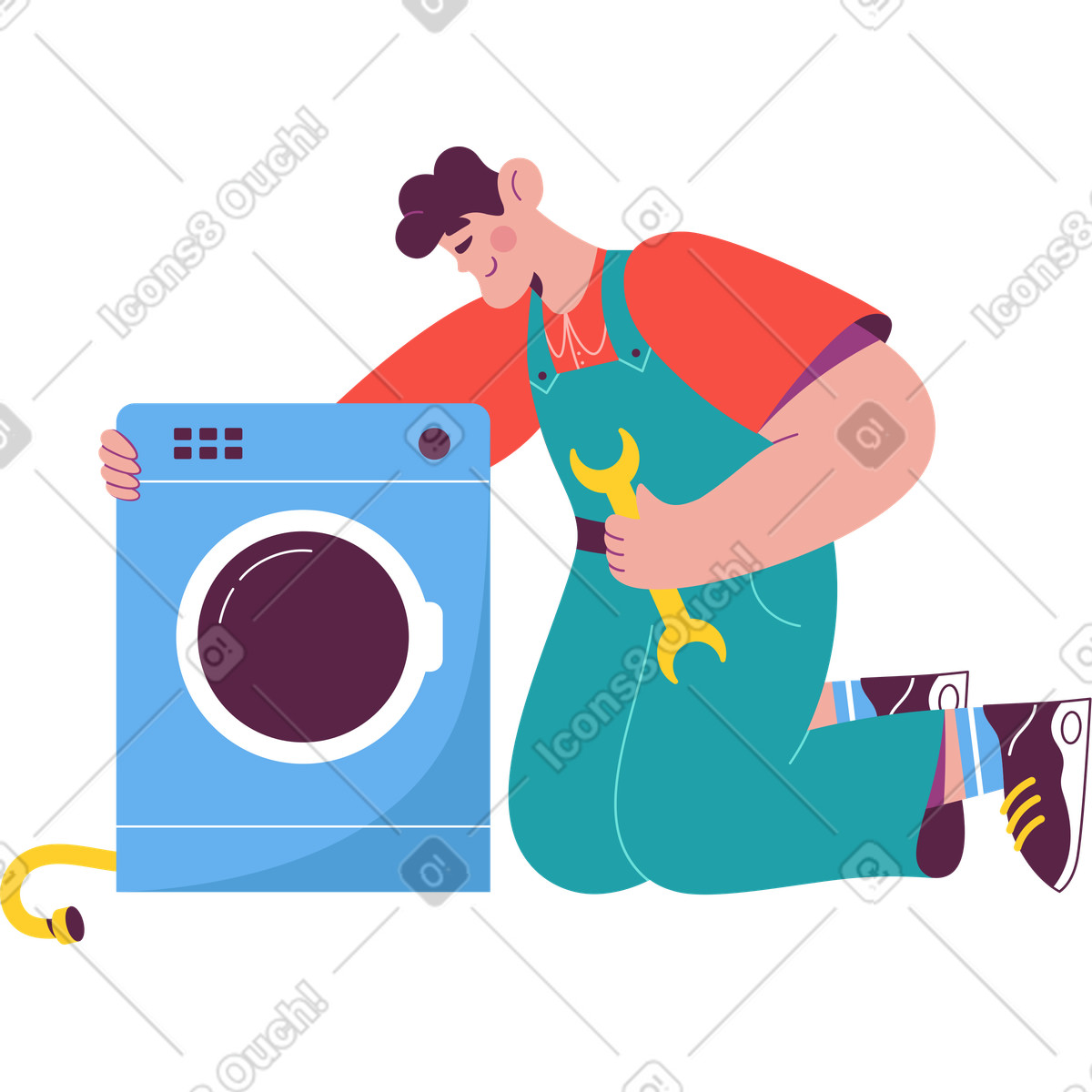 Illustration Homme réparant une machine à laver dans le style Sammy télécharger aux formats PNG, SVG