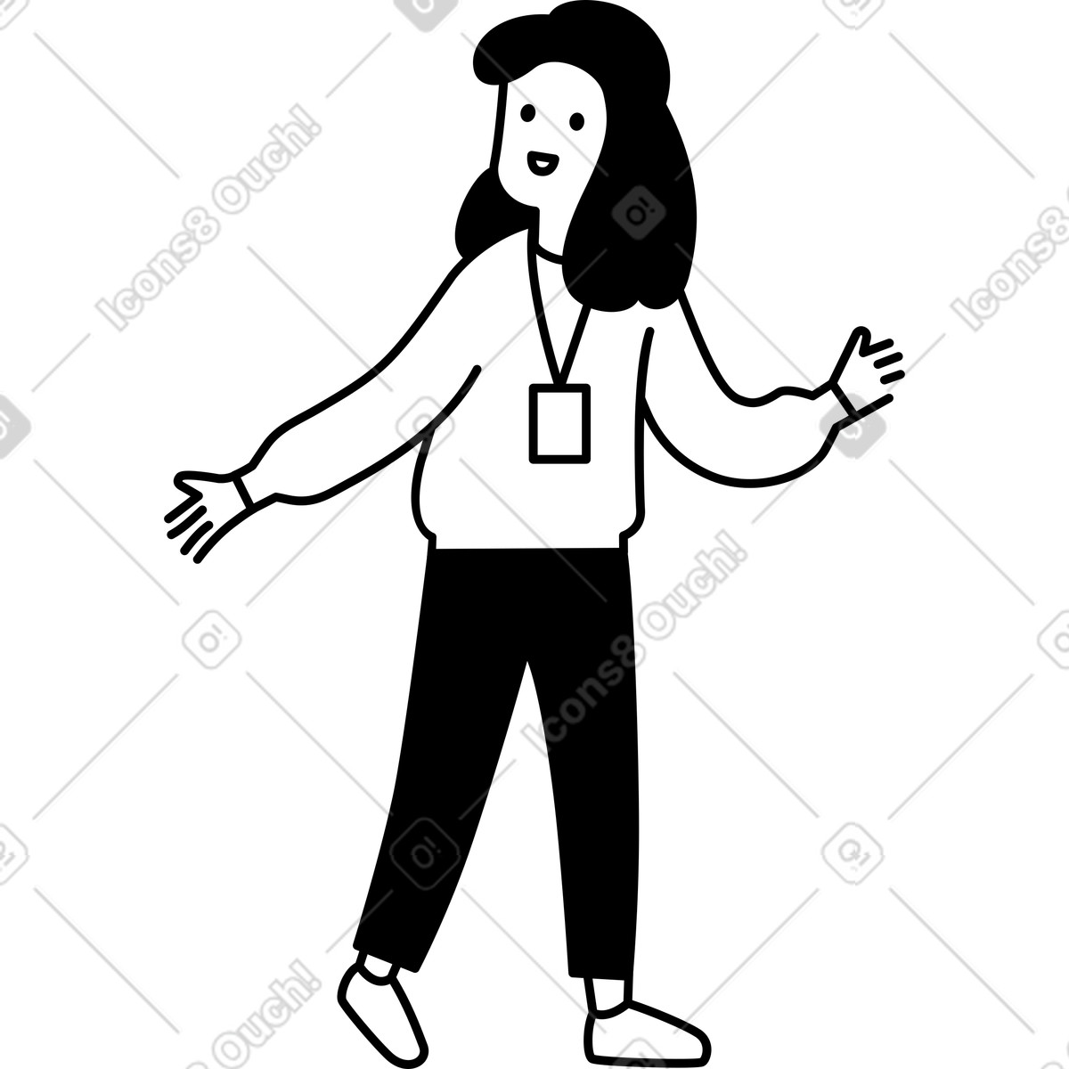 Ilustração de Speaker with name badge gesturing open arms during presentation talk em no estilo Notion Line Art para baixar em PNG, SVG