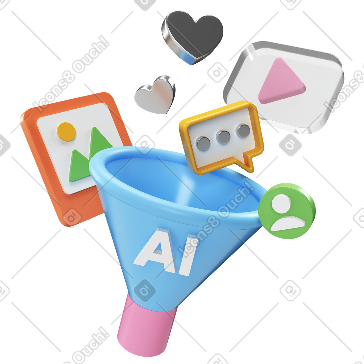 Social media posts and AI content filtering, Automated content moderation concept illustration in PNG, SVG