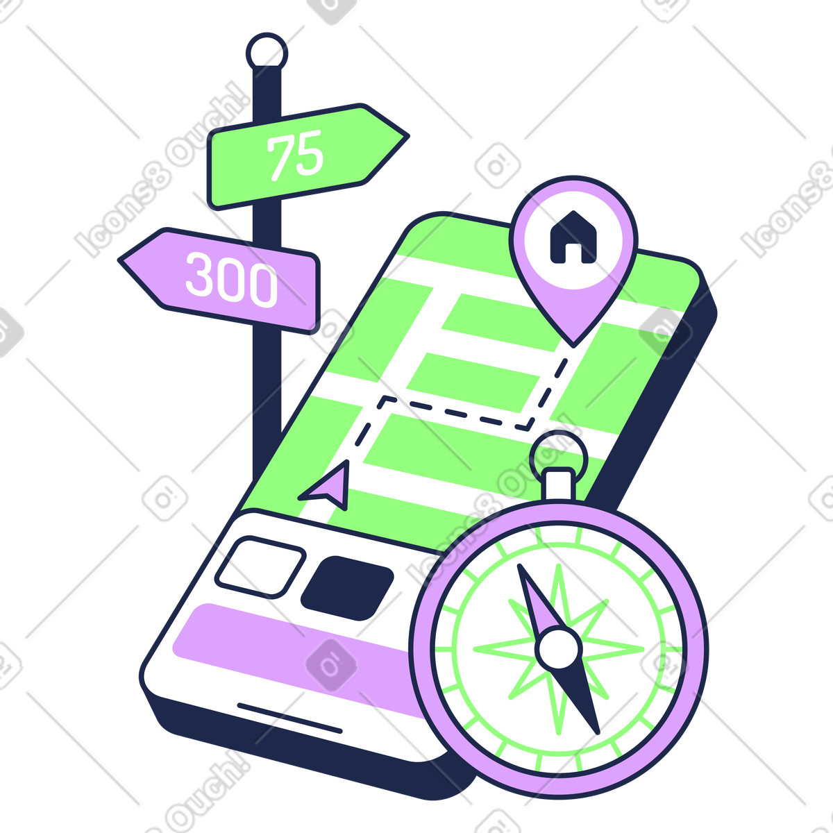 Navigations-app mit route zum ziel animierte Illustration im Outline-Stil als Download in GIF, Lottie (JSON), AE