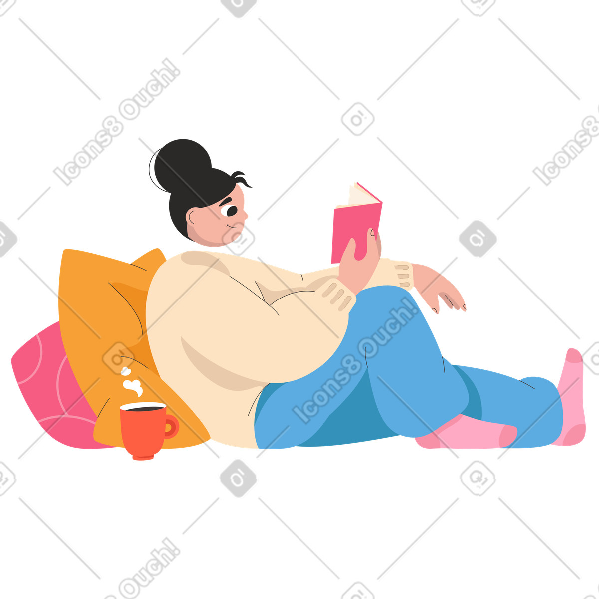 Ragazza con una tazza di tè che legge un libro sdraiato sui cuscini illustrazione in stile Dizzy scarica in PNG, SVG