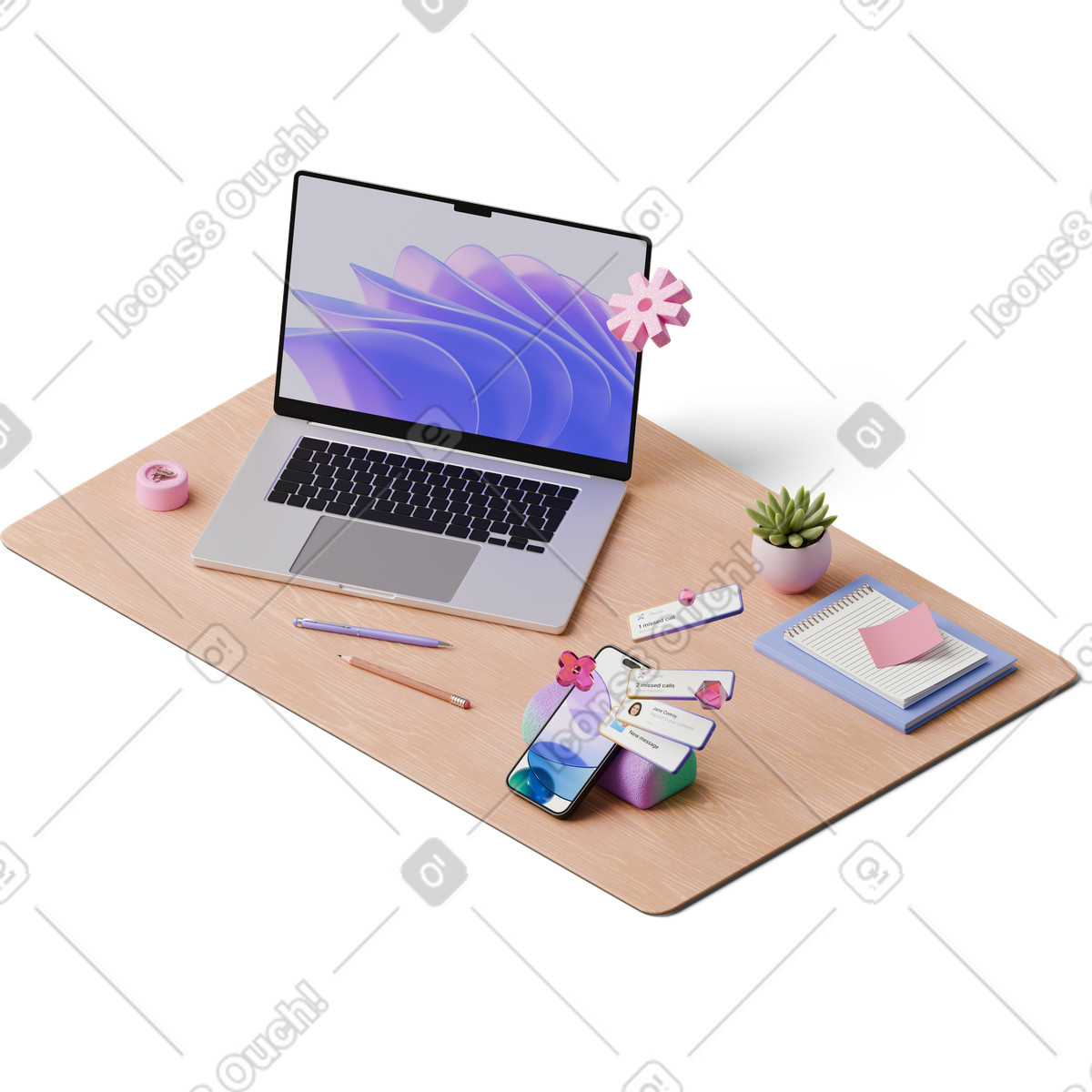 Ilustração de Isometric view of desk with laptop and smartphone new messages em no estilo 3D Hygge para baixar em PNG, SVG