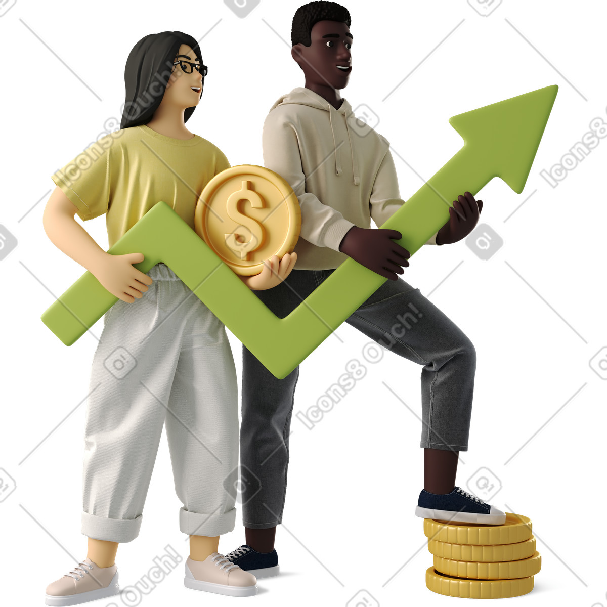 Coworkers standing on coins with growth arrow, Financial progress and teamwork illustration in PNG, SVG
