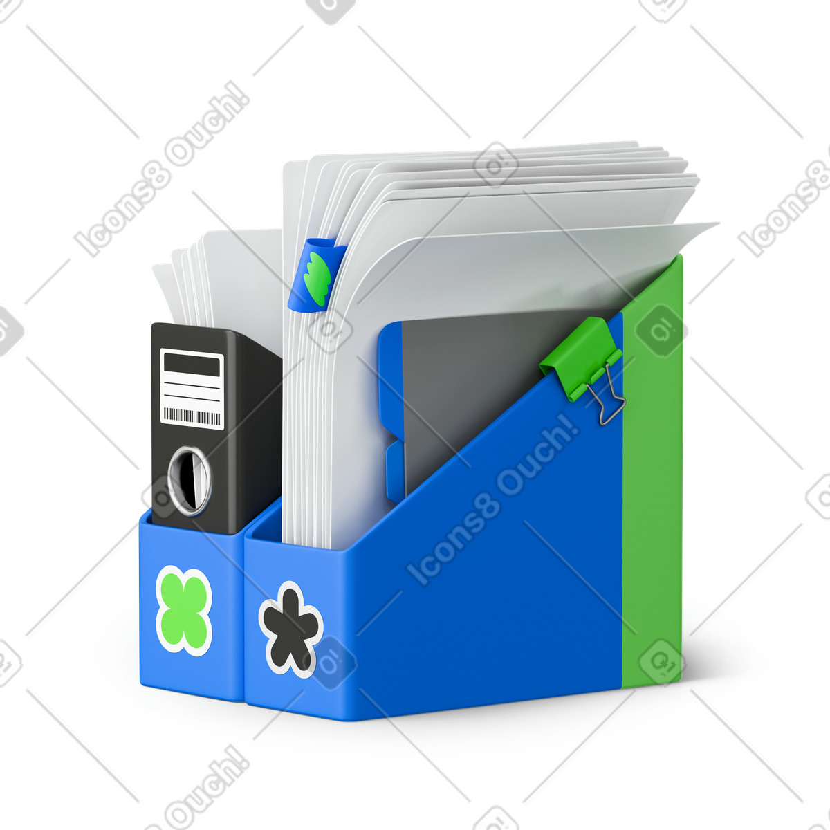 Illustration animée Paperwork organized in desk file holder with tabs and binder clip dans le style 3D Stickle à télécharger aux formats GIF, Lottie (JSON), AE