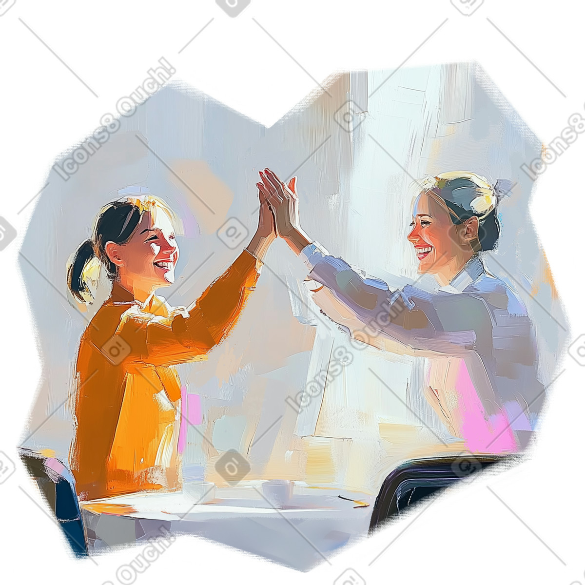 Oil painting of a women giving each other high five illustration in Pictorial style download in PNG, SVG