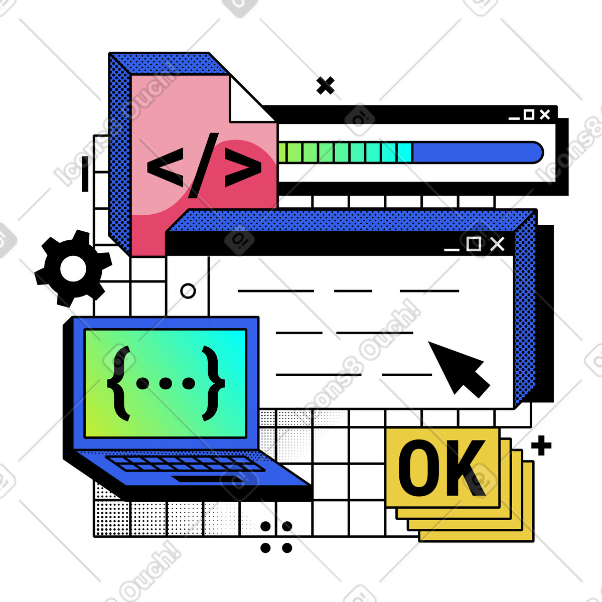 Software development and programming on laptop illustration in PNG, SVG