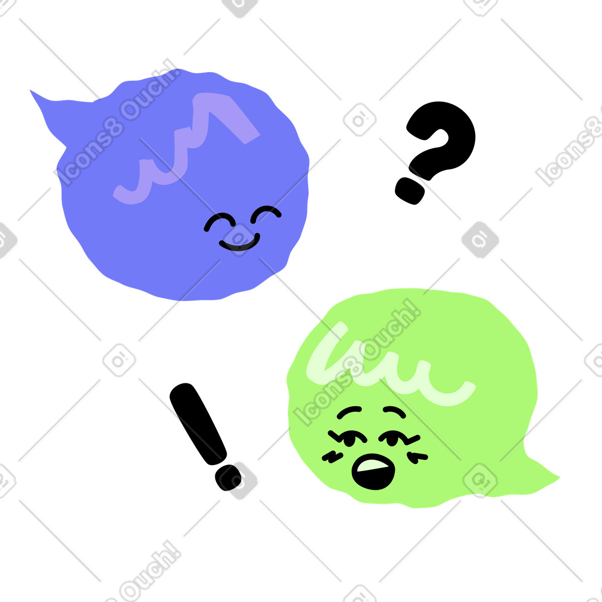 Ilustración Los personajes de bocadillos diálogo conversan entre ellos. en estilo Giggle a descargar en PNG y SVG