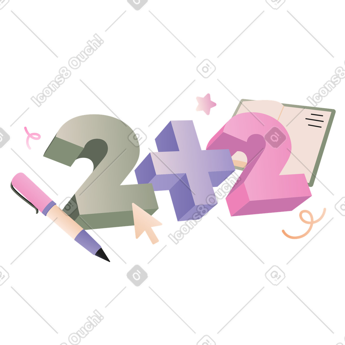 Ilustración Lettering 2+2 con lápiz, libro y texto del cursor en estilo Coworking a descargar en PNG SVG