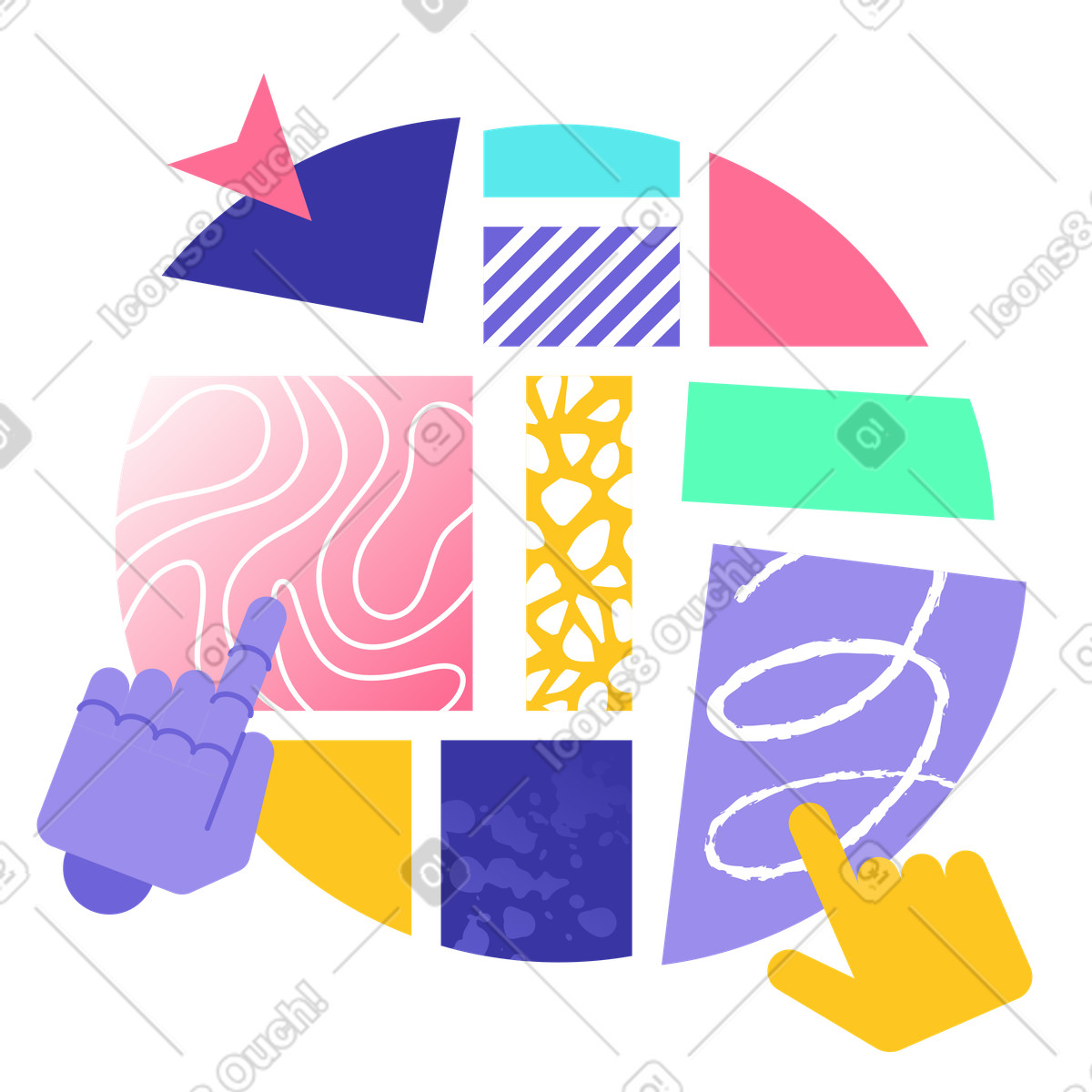 Hands arranging colorful abstract tiles, Teamwork, Creative Workflow Management illustration in PNG, SVG