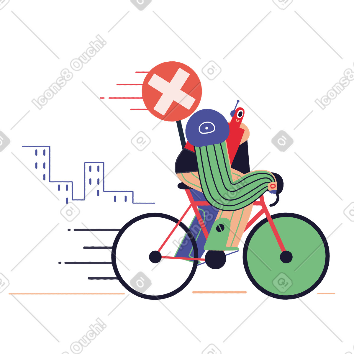 Illustration Robot riding bicycle with error sign, 404 or connection issue concept dans le style Stripy à télécharger aux formats PNG, SVG