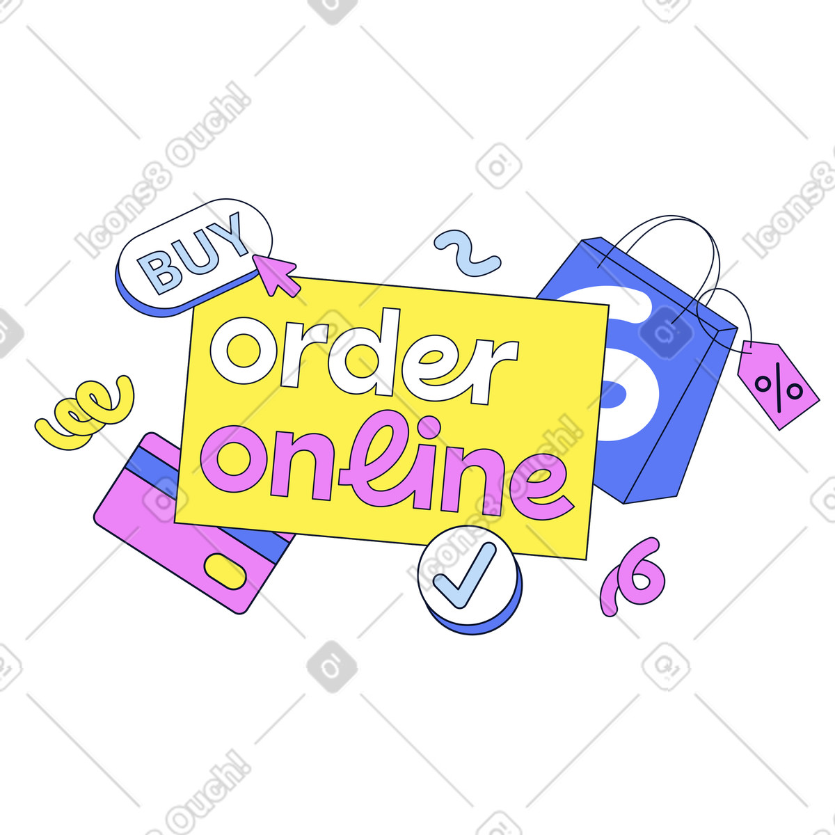 Flexy 스타일의 Online order message with bag and bank card, E-commerce checkout 일러스트레이션 PNG, SVG 다운로드