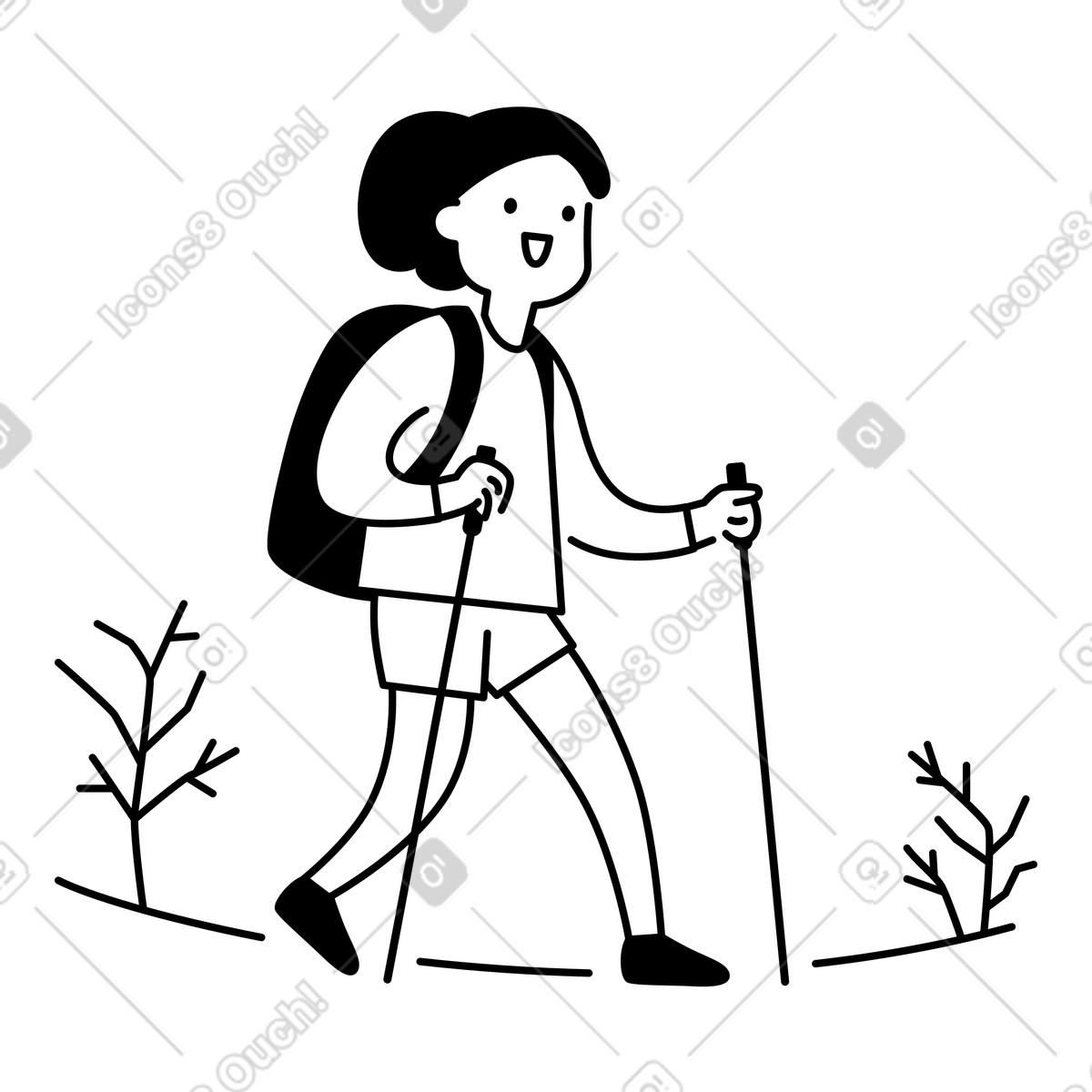 Notion Line Art スタイルの Hiker walking with backpack and trekking pole outdoor activity silhouette のイラストをPNG、SVG形式でダウンロード