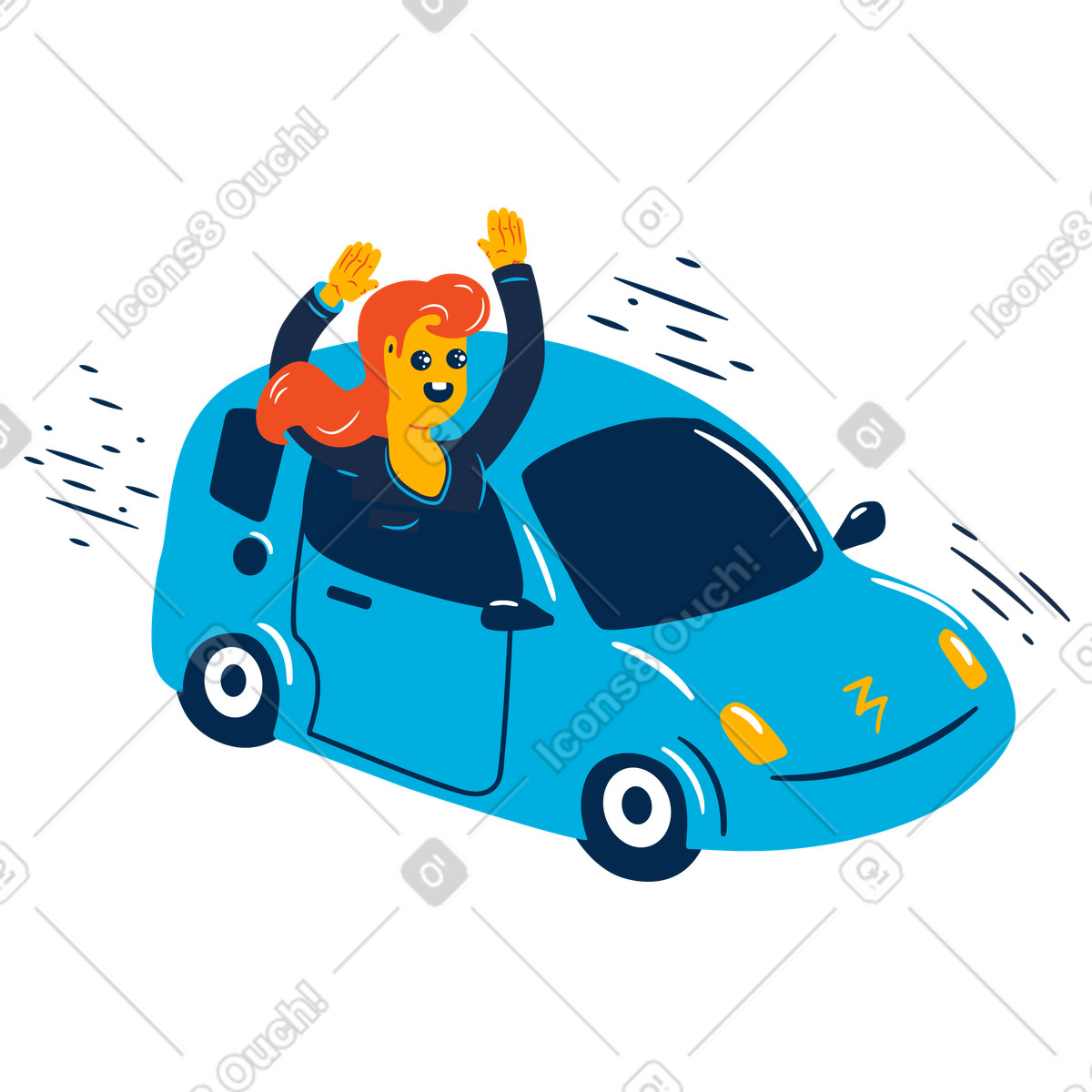 Woman riding in a car at high speed illustration Flame style download PNG, SVG