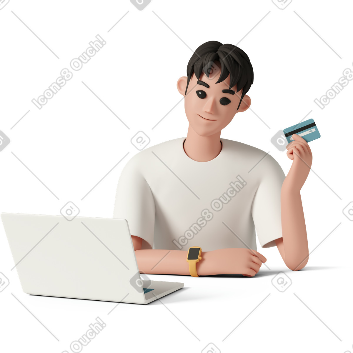 Young man with laptop using credit card illustration in 3D Casual life style download in PNG, SVG