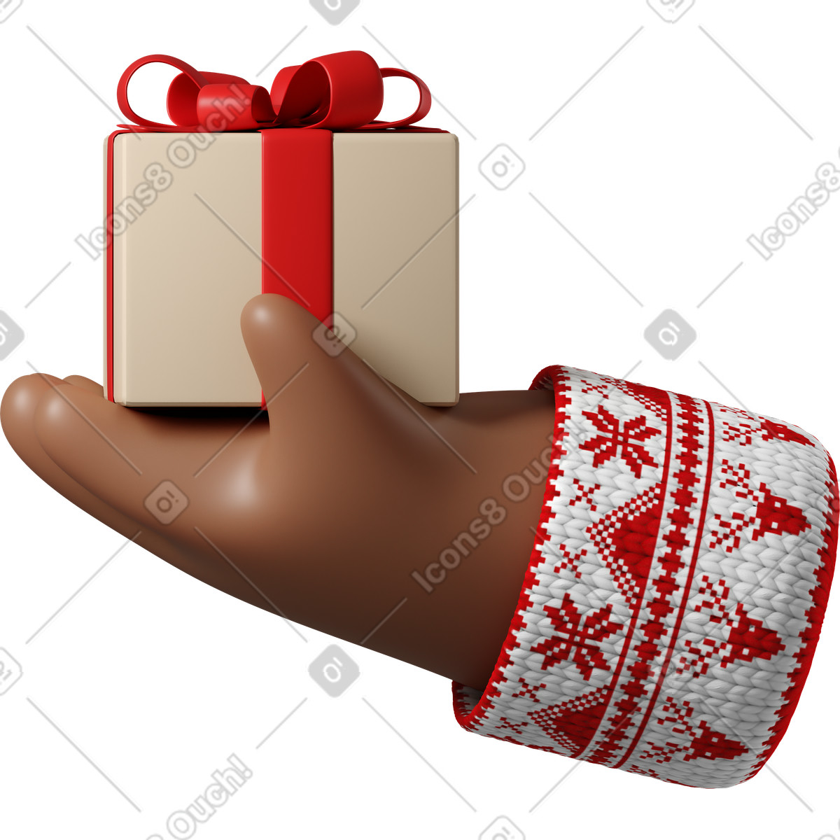 3D Hands Fun&Wild スタイルの ギフト用の箱を持ったクリスマス柄の白いセーターを着たダークブラウンの肌の手 のイラストをPNG、SVG形式でダウンロード